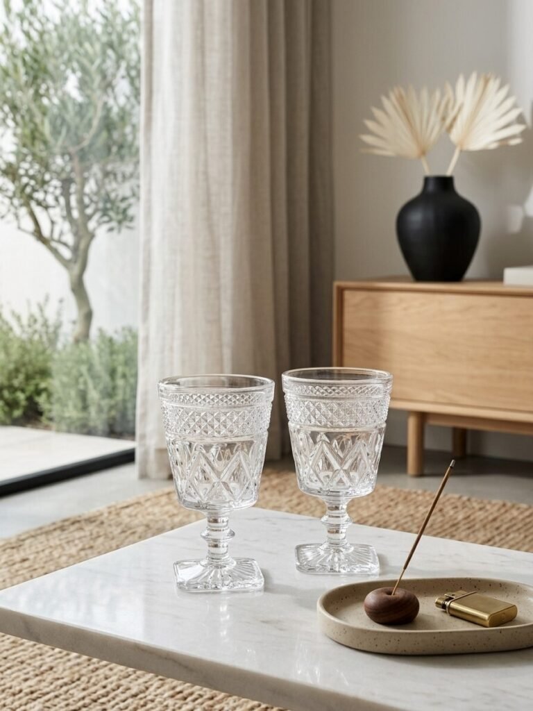 Two Anchor Hocking Wexford clear pressed-glass water goblets with diamond-point pattern sitting side-by-side on a marble tabletop with neutral room decor.
