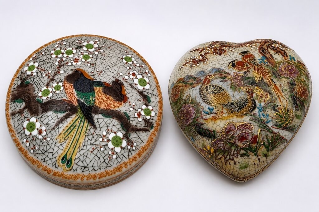 Top view of two Satsuma-style porcelain trinket boxes: round bird box and heart-shaped box with painted birds, floral glaze.