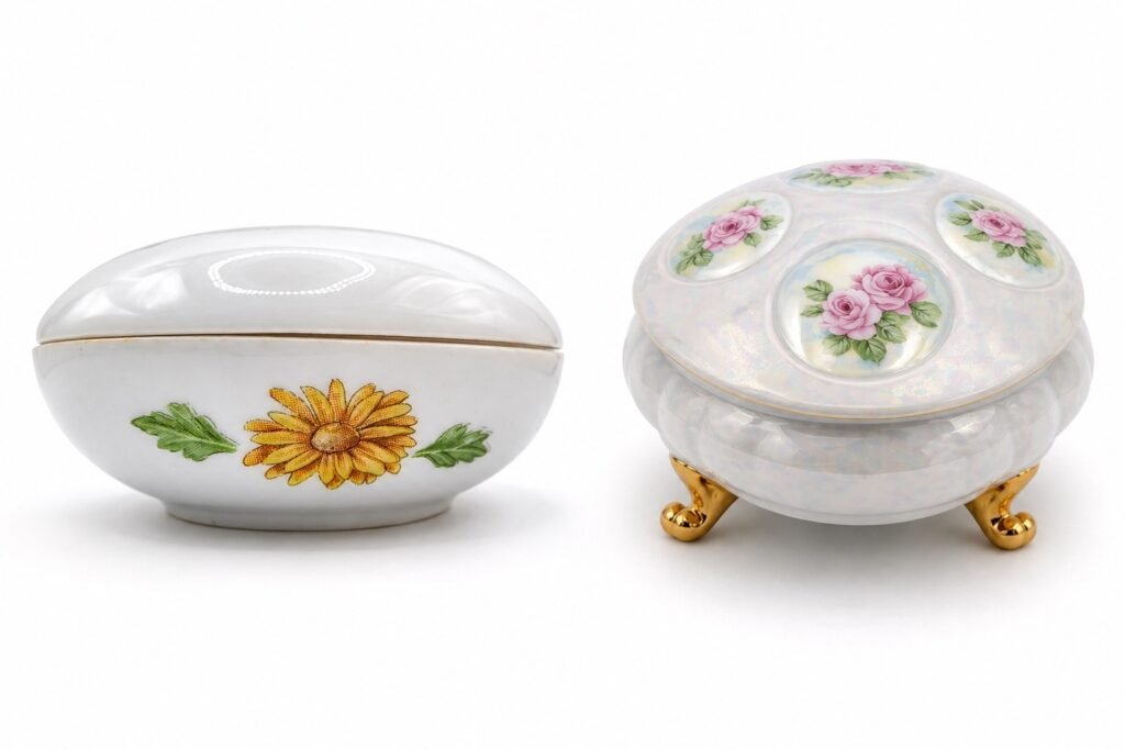 Pair of porcelain trinket boxes side-by-side: iridescent round box with pink rose medallions and gold feet, and an oval box with yellow daisy.