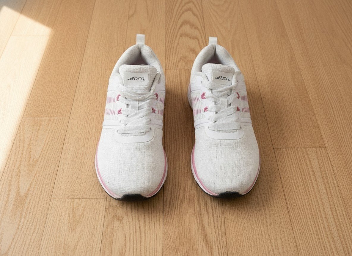 Top-down view of women's white BCG mesh running shoes with pink accents and visible toe scuffs.
