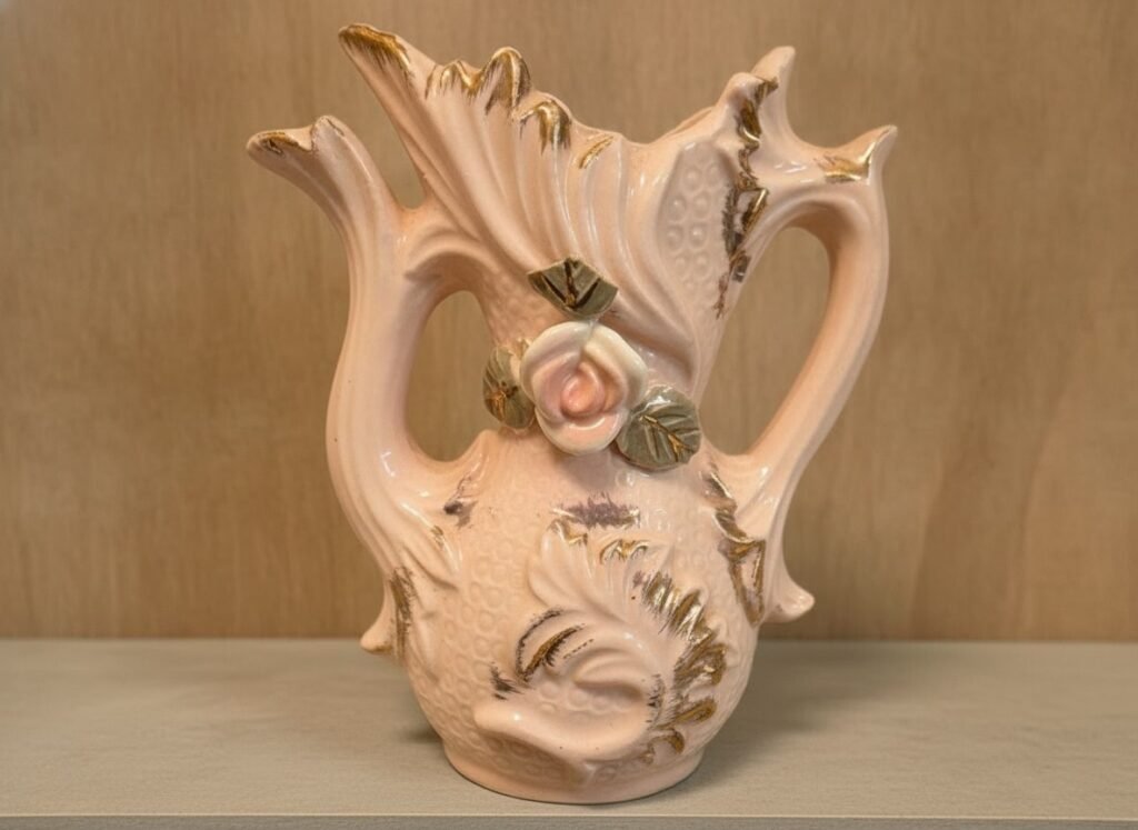 Front view of Empress Japan pink ceramic mini vase showing double handles, applied rose and gold gilt highlights.