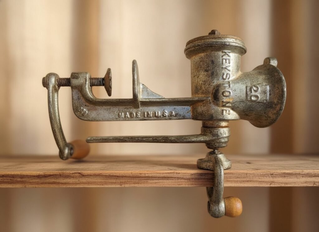 Side view of Keystone No. 20 cast iron hand-crank meat grinder on a wood shelf, showing the MADE IN U.S.A. stamp