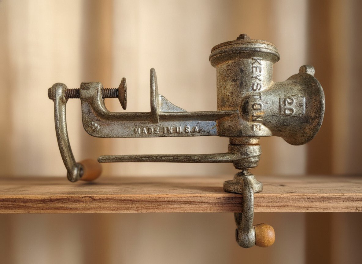 Side view of Keystone No. 20 cast iron hand-crank meat grinder on a wood shelf, showing the MADE IN U.S.A. stamp