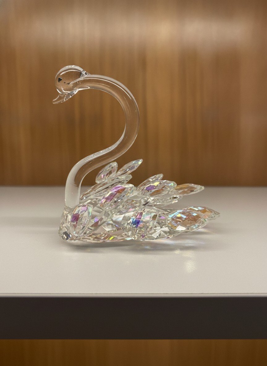 Side profile of clear lead crystal swan with curved neck and faceted Aurora Borealis (AB) wing details on white surface.