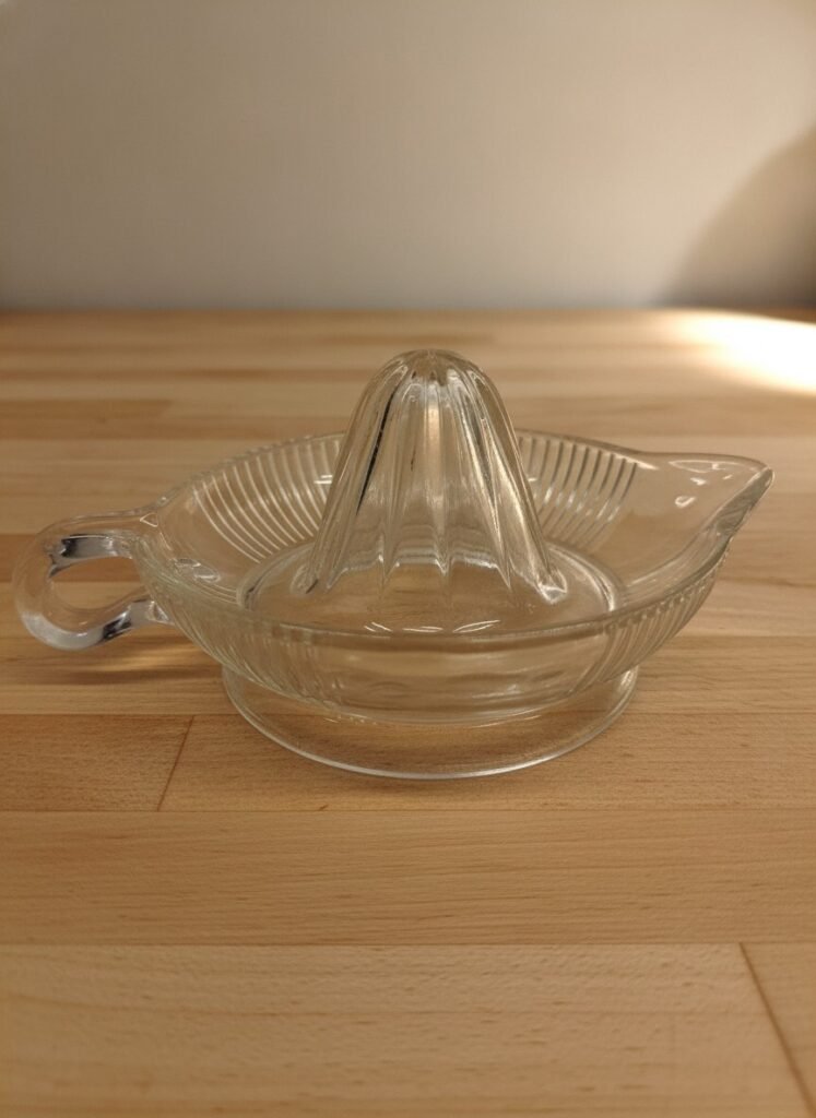 Side view of clear pressed glass citrus juicer with central reamer, ribbed basin, pouring spout and loop handle.