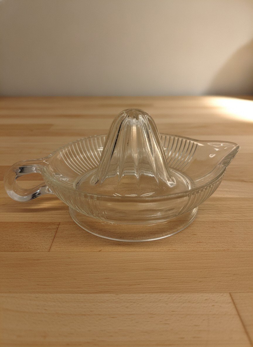 Side view of clear pressed glass citrus juicer with central reamer, ribbed basin, pouring spout and loop handle.