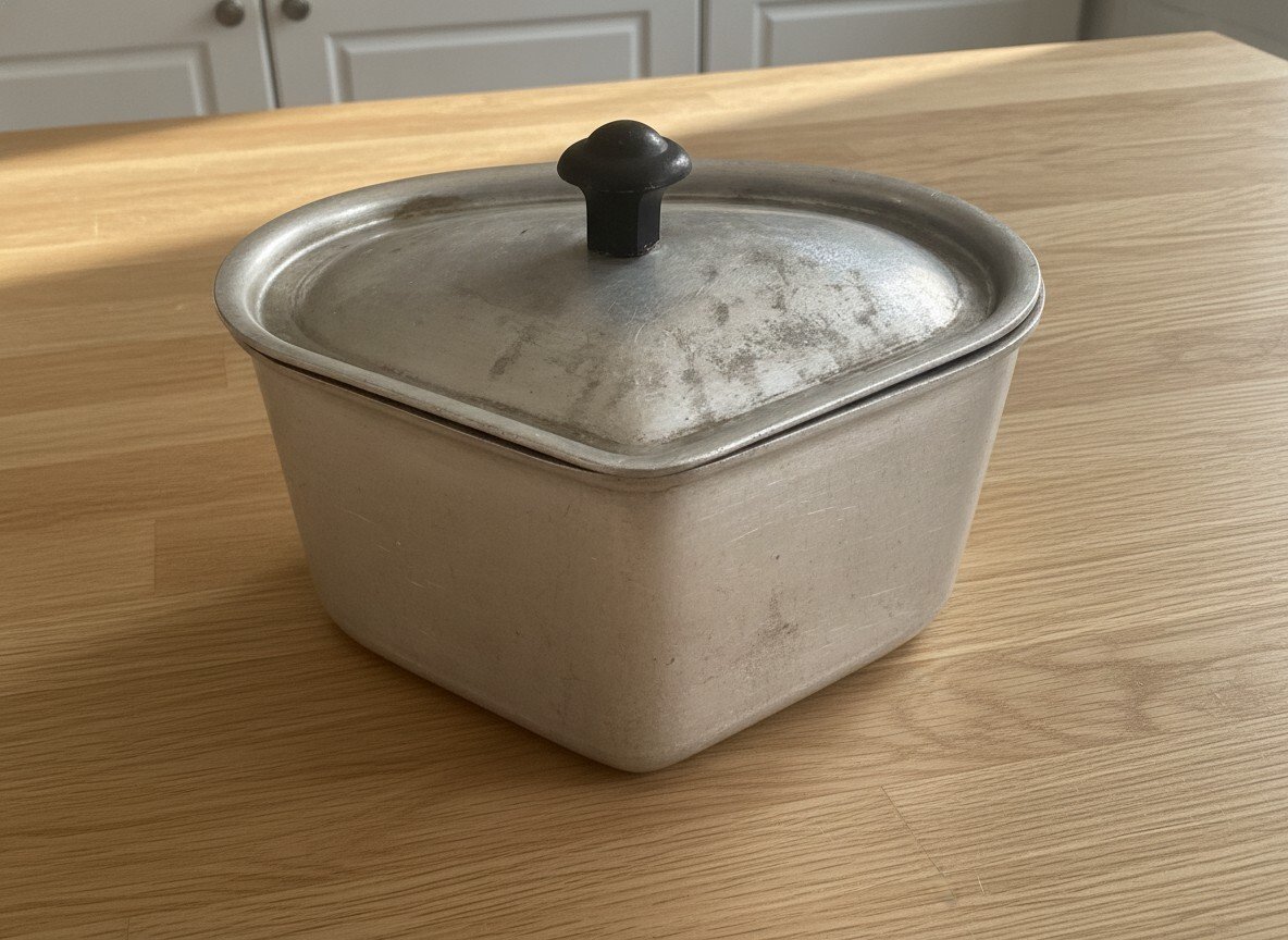 Three-quarter view of triangular Wear-Ever aluminum covered pot with original black knob, showing surface scratches and discoloration.