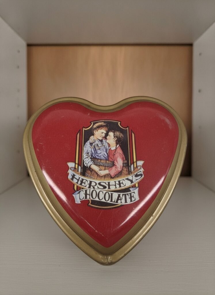Close front view of red heart-shaped Hershey's tin lid with boy-and-girl illustration and 'Hershey's Chocolate' banner and gold rim
