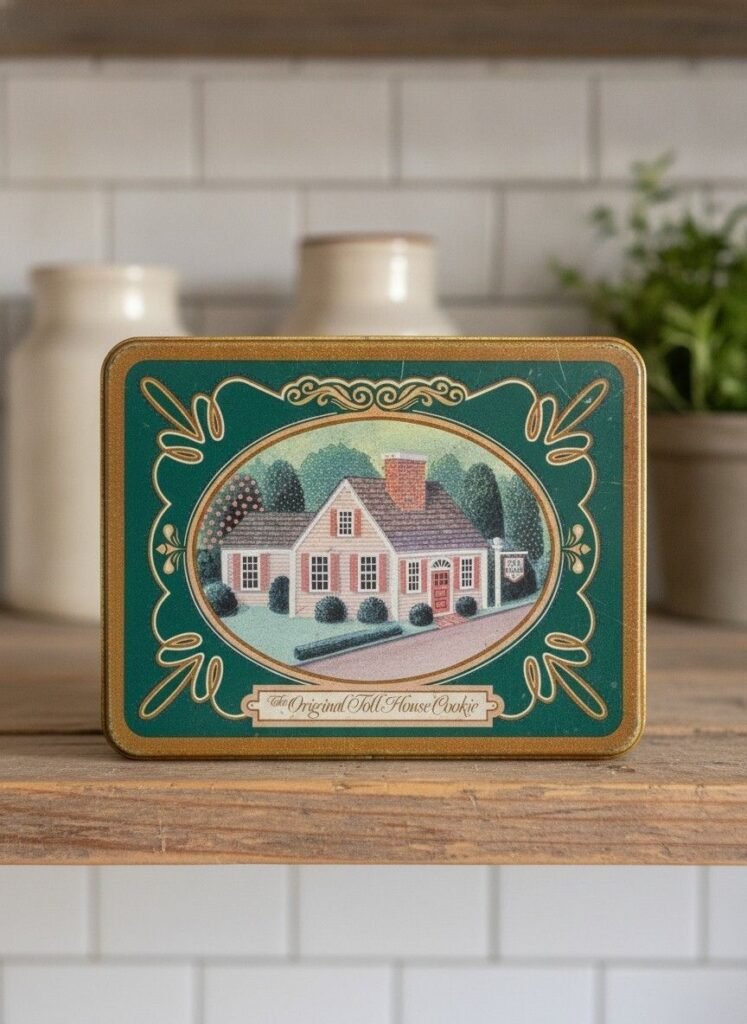 Front view of green Nestle Toll House metal cookie tin with oval colonial house illustration, gold trim, on a wooden shelf with jars behind