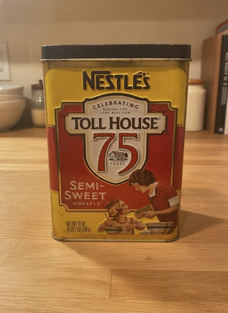Front view of Nestlé Toll House 75th Anniversary metal cookie tin showing embossed logo, '75' shield and mother-and-child baking illustration.