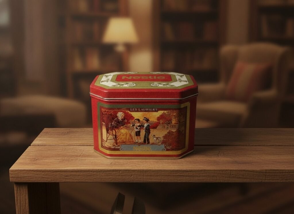 Red octagonal Nestle Les Lauriers advertising tin front view showing Victorian scene panel and lid logo