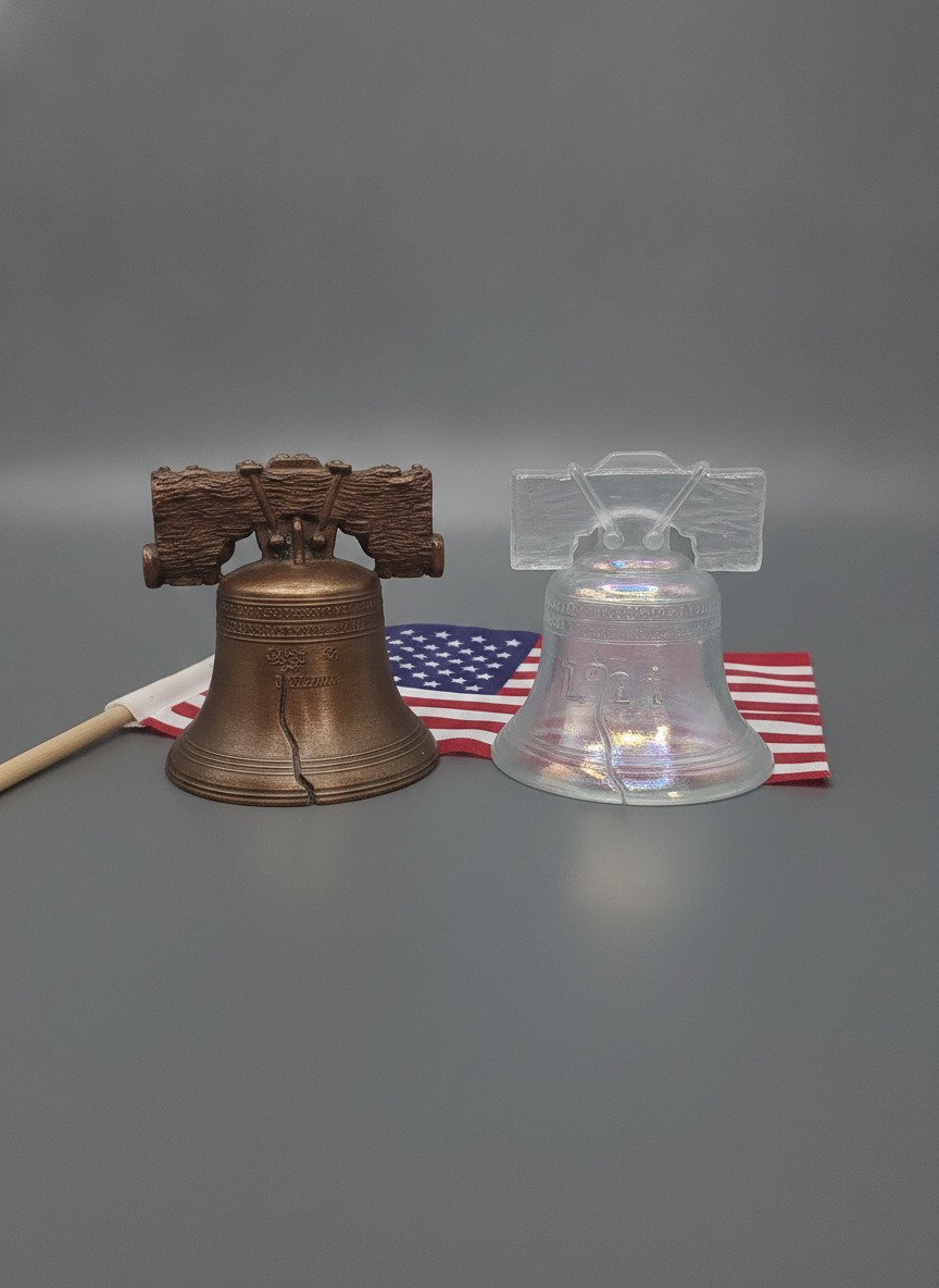 Front view of two Liberty Bell replicas: bronze-tone bell with textured wooden beam and translucent iridescent bell with rainbow sheen.