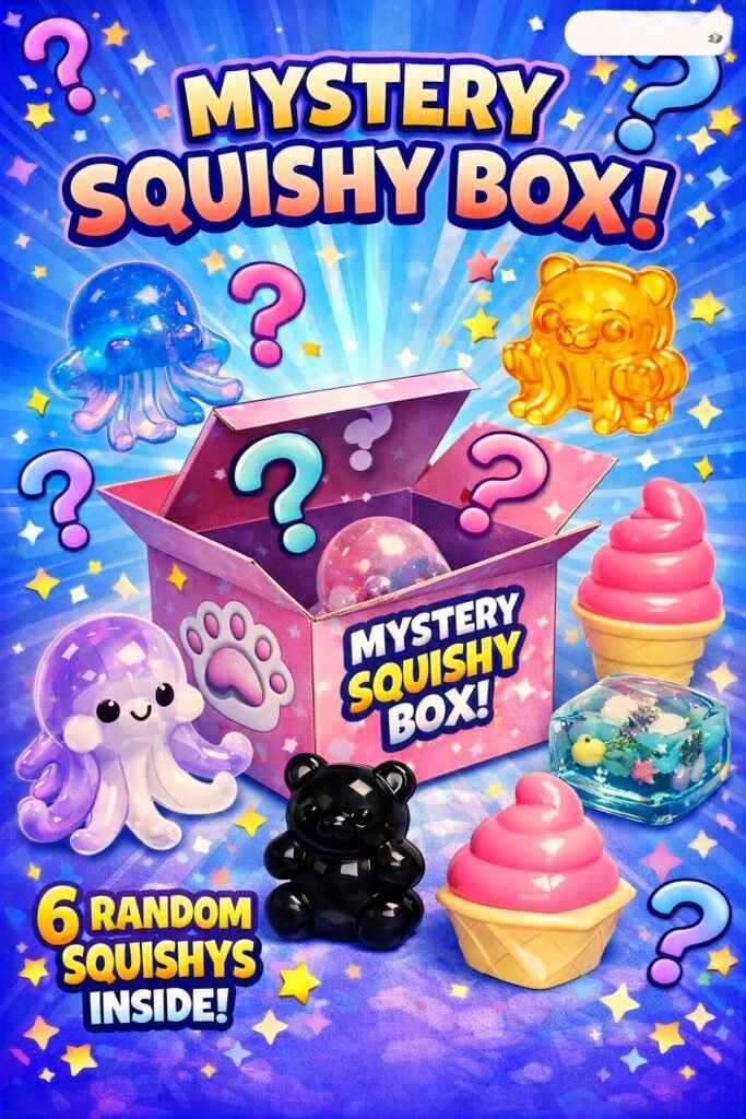 Bright illustrated 'Mystery Squishy Box' display showing an open pink box and assorted squishy characters (gummy bear, octopus, ice cream cone).