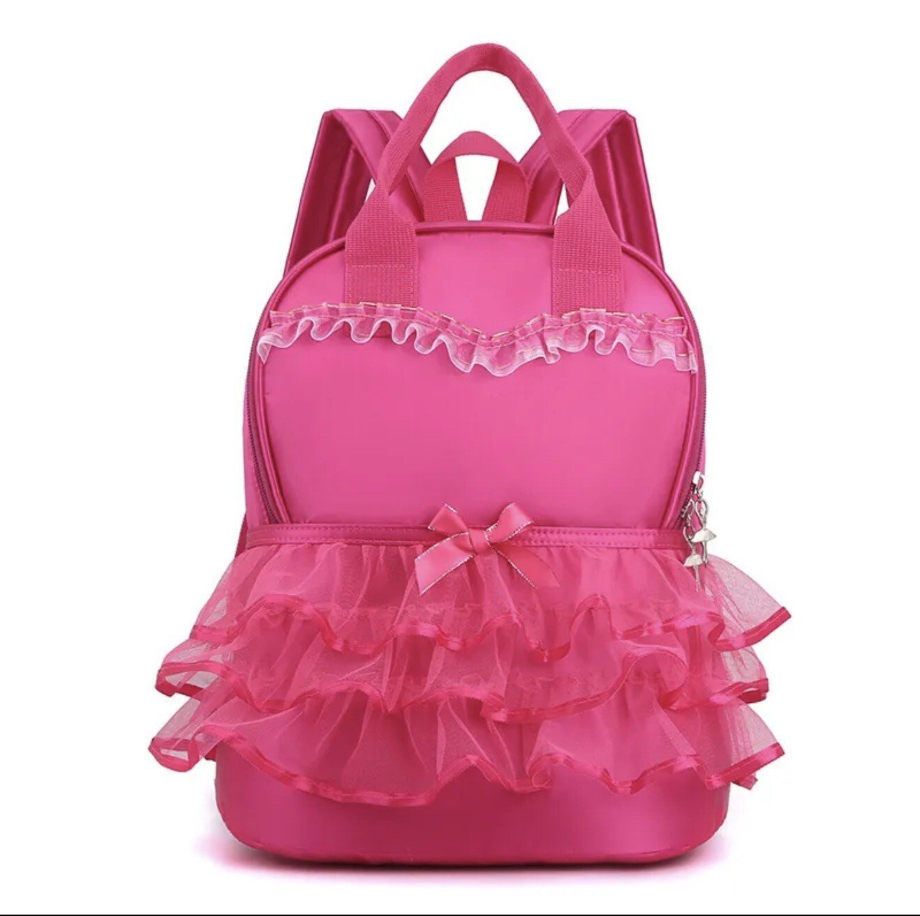 Girls Hot Pink Solid Polyester Dance Backpack Zipper Ruffle Bow Top Ballerina