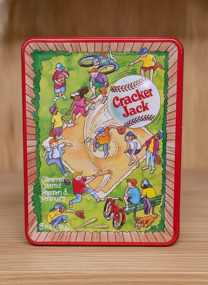 Front view of rectangular Cracker Jack metal tin with colorful baseball-themed illustration, red border, and prominent 'Cracker Jack' logo.