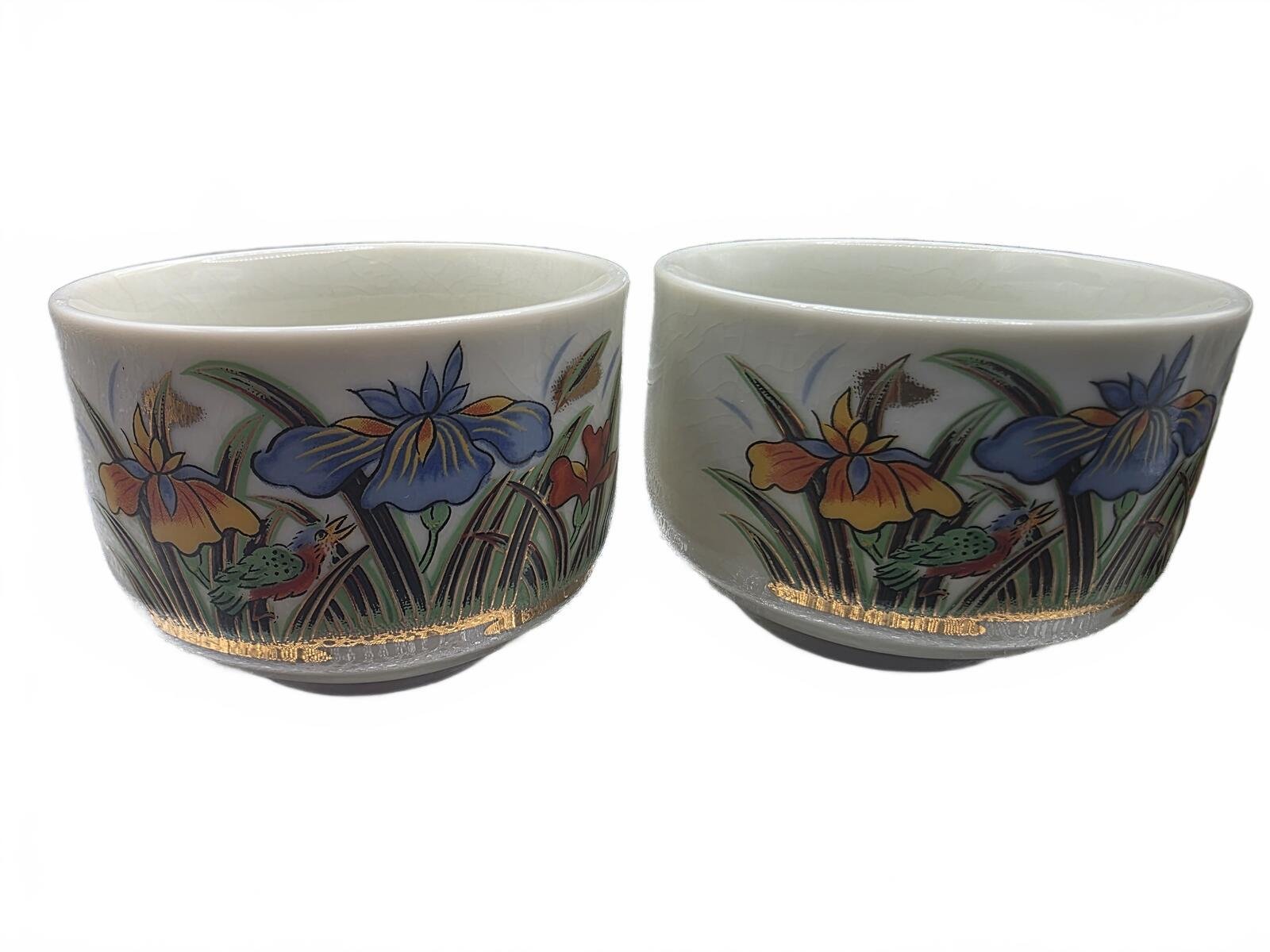 Vintage Kutani Japan Iris Bird Porcelain Yunomi Tea Cups Set of 3 Gold - Image 4