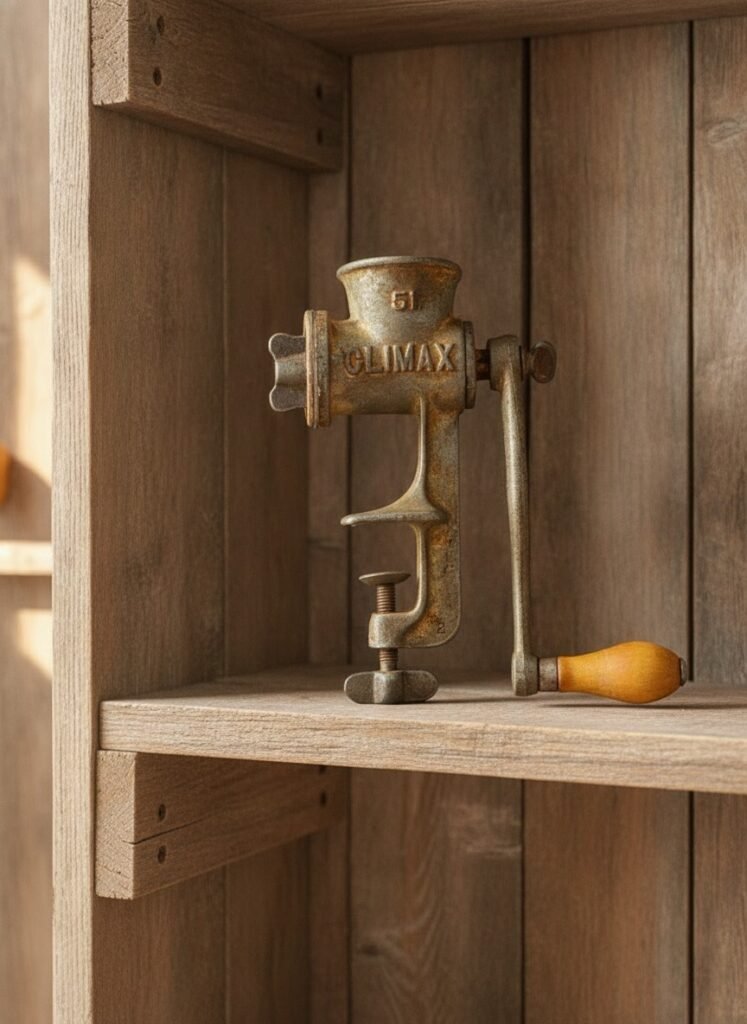 Side view of Climax No. 51 cast iron hand-crank meat grinder on a wooden shelf, wooden handle and screw clamp visible.
