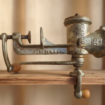 Close side view of Keystone No. 20 cast iron grinder highlighting the clamp, wooden handle and embossed Keystone/20 markings