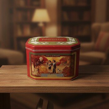 Centered front-facing view of the red octagonal tin showing side artwork, gold-tone interior sheen visible around lid edge