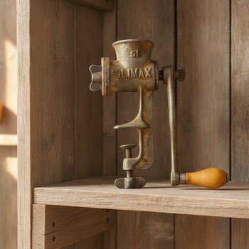 Front three-quarter view of Climax No. 51 cast iron meat grinder showing embossed CLIMAX and 51 on the body with wooden handle.