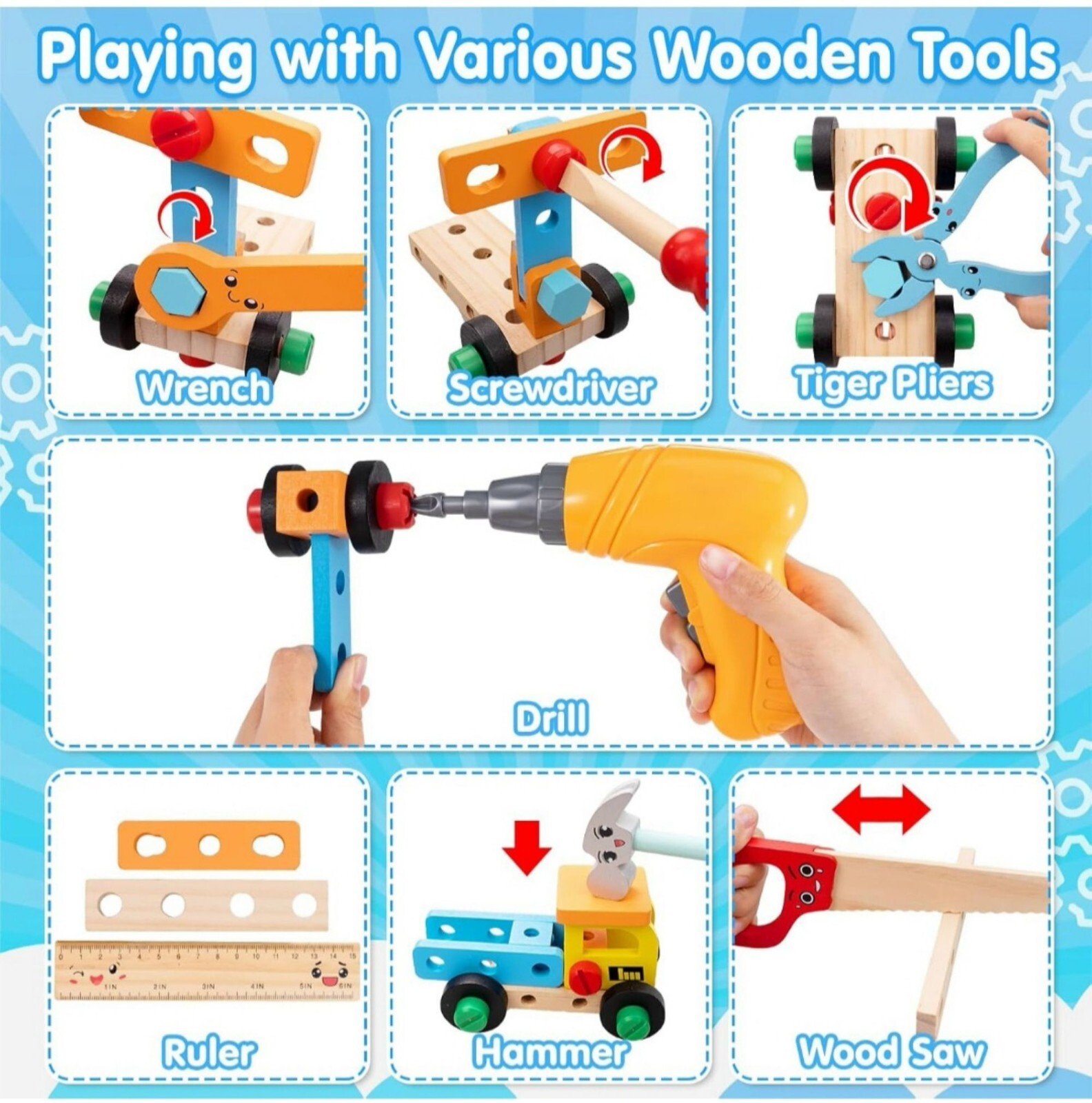 Kids Wooden Tool Set Building Kit Montessori STEM Educational Toy 3+ Fun Gift - Image 4