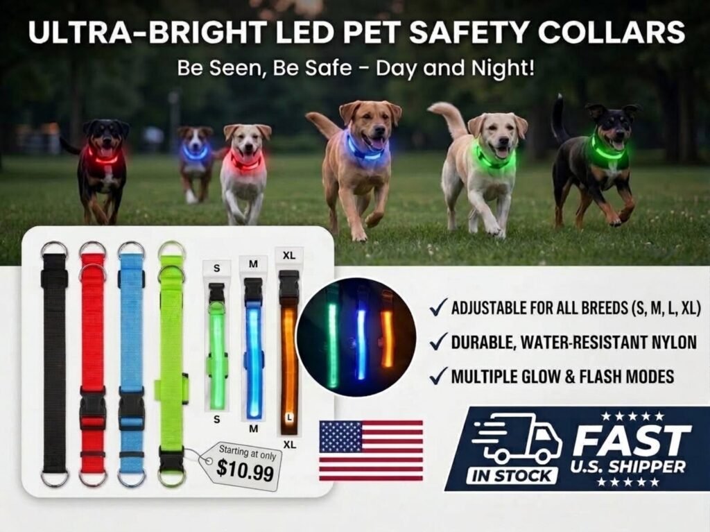 LED Dog Collar Battery Adjustable Light Up Night Safety Collar Gift New
