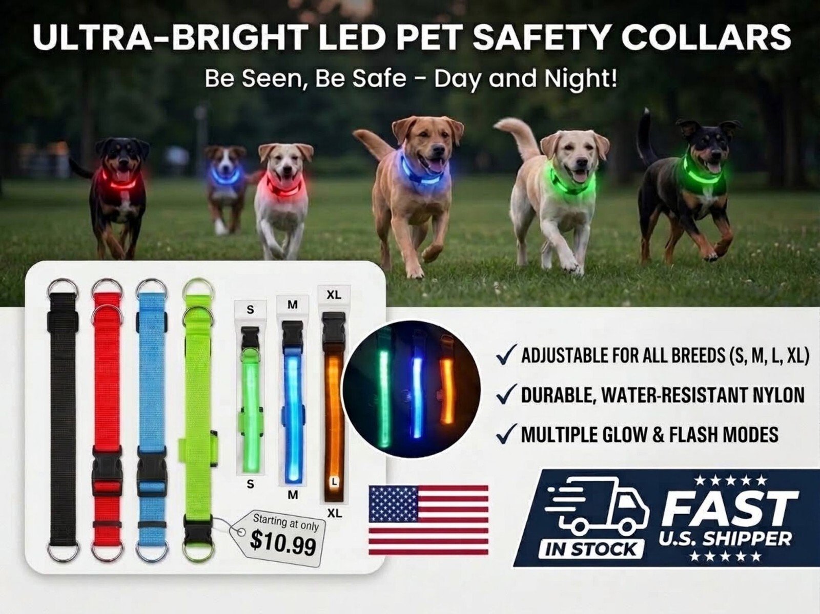 LED Dog Collar Battery Adjustable Light Up Night Safety Collar Gift New