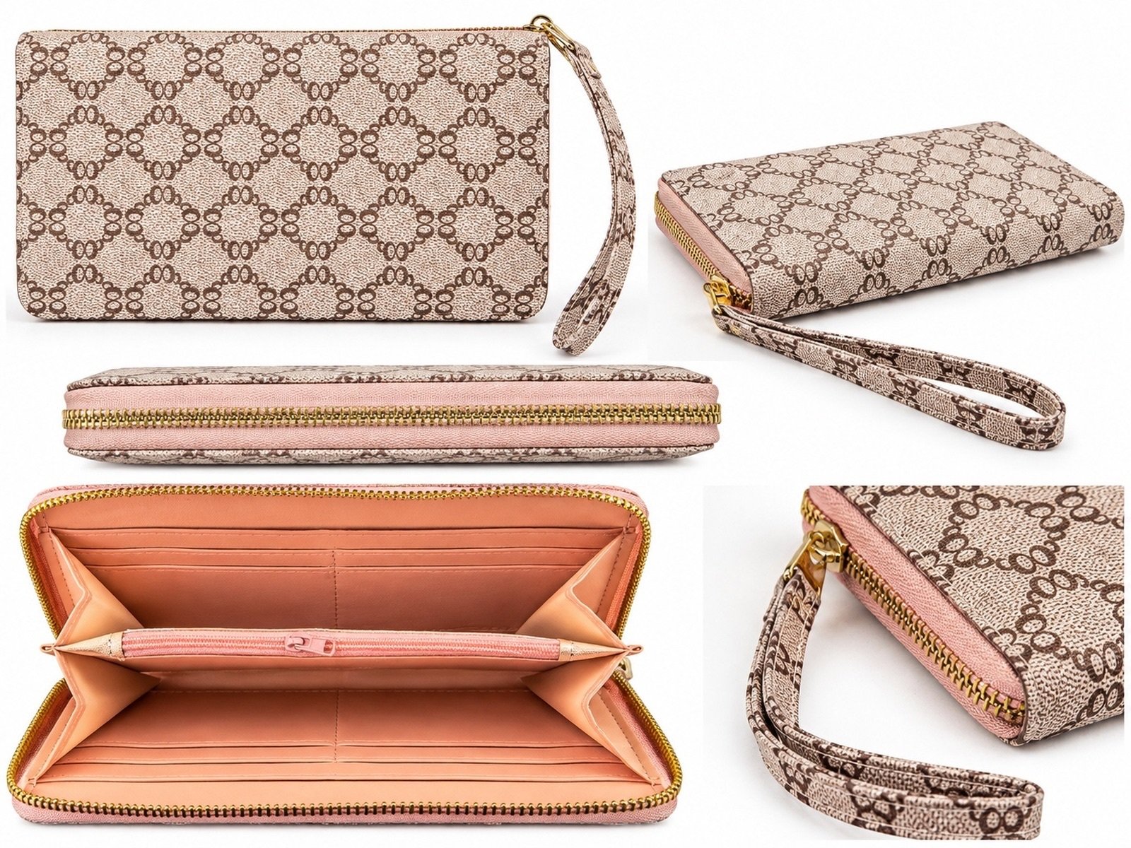 Womens Pink Brown Monogram Zip Around Wallet Wristlet Card Holder Coin Purse - Image 2