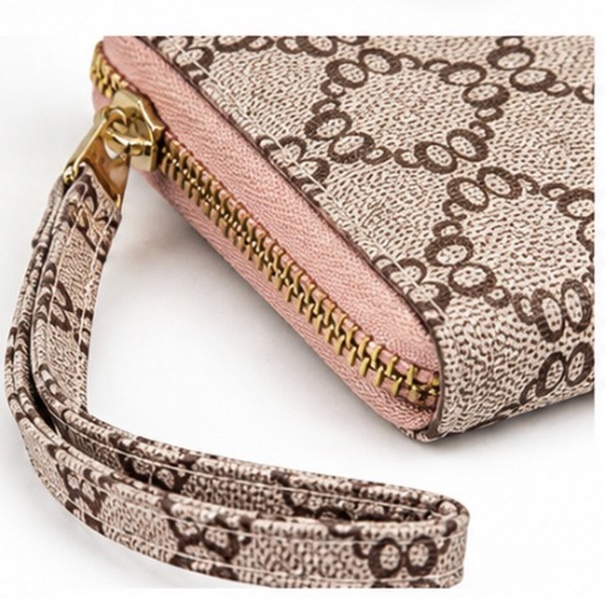 Womens Pink Brown Monogram Zip Around Wallet Wristlet Card Holder Coin Purse - Image 3