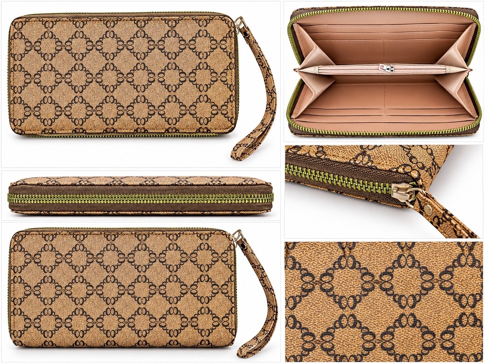Womens Brown Tan Monogram Zip Around Wallet Wristlet Card Holder Coin Purse - Image 2