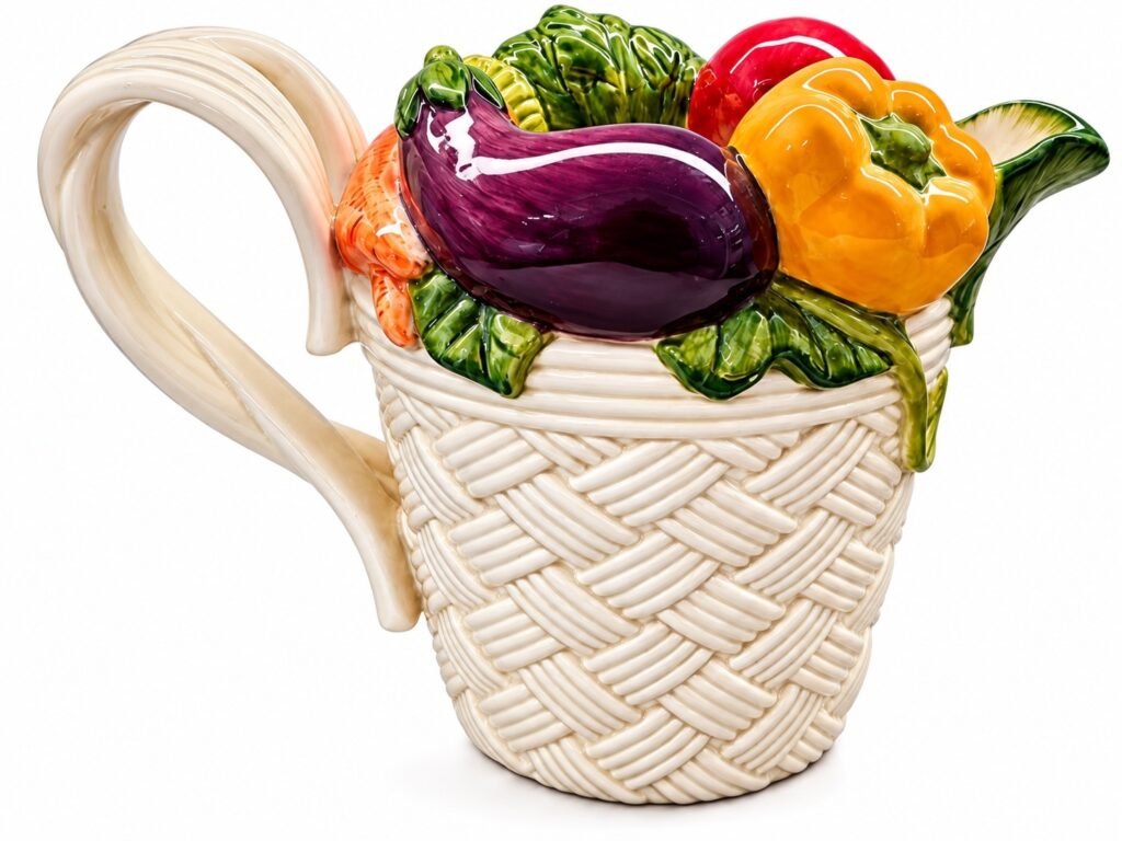 Fitz Floyd Vegetable Garden Basket Pitcher 1.5 Qt 1995 Ceramic 11” Vintage