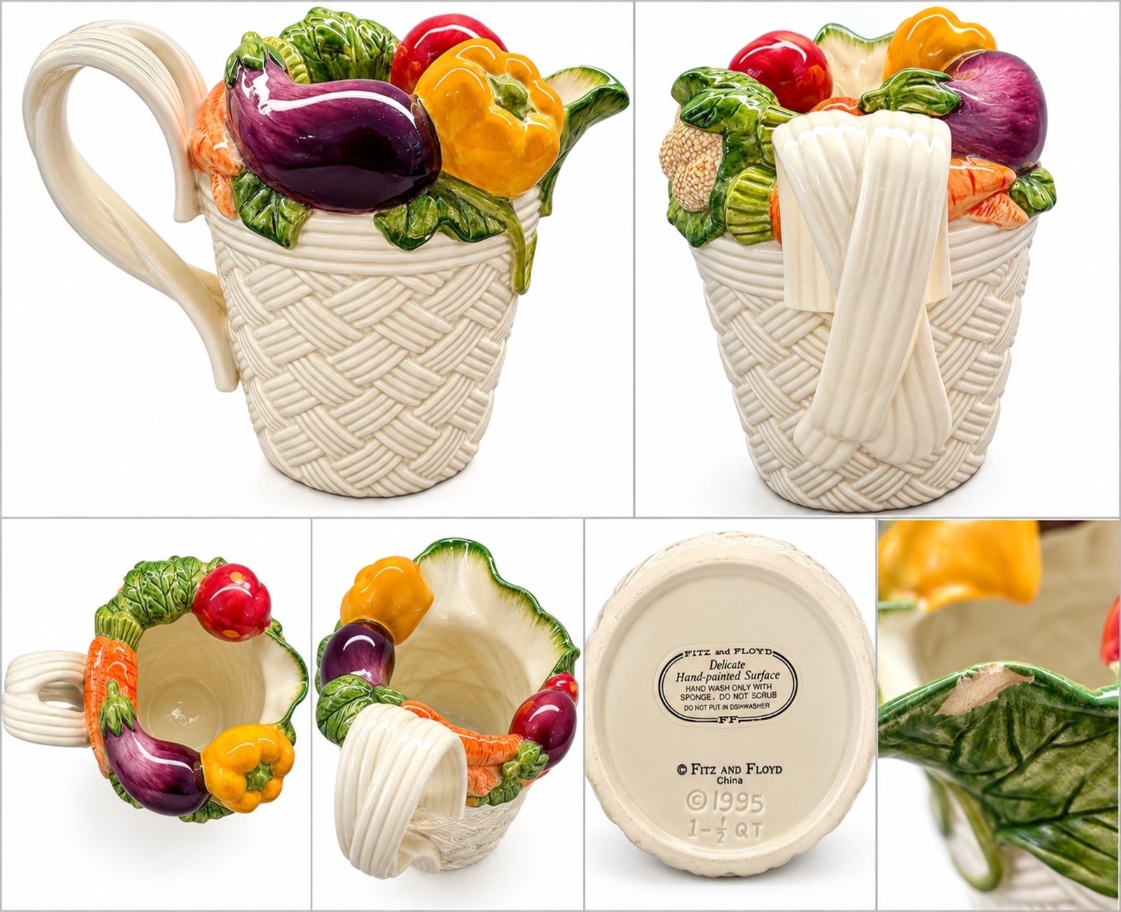 Fitz Floyd Vegetable Garden Basket Pitcher 1.5 Qt 1995 Ceramic 11” Vintage - Image 2