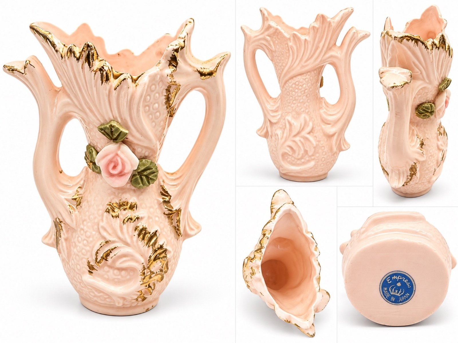 Vintage Empress Japan Pink Porcelain Vase Applied Rose Gold Gilt 4.5” - Image 2